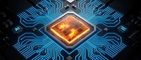 Advanced microprocessor chip with glowing orange core surrounded by intricate blue circuit pathways on dark background for technology and computing concepts.