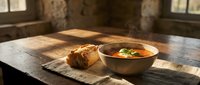 Steaming tomato soup in a rustic bowl with crusty bread on a linen cloth, warm sunlight streaming through a stone window.
