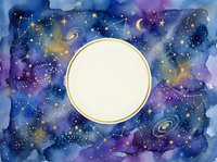 Watercolor cosmic space background with golden circle frame, stars, galaxies and nebula in purple and blue tones for celestial design projects.