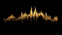 Golden city skyline silhouette with dripping paint effect on black background, urban landscape reflection creates modern abstract art composition for wall decor.