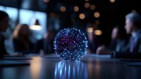 Glowing digital network sphere with connected dots and lines on modern office table with blurred business people in background for technology presentations.