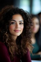Young woman with natural curly hair and subtle makeup wearing burgundy sweater smiles confidently in soft window light, blurred background creates depth.