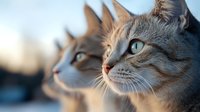 Close up portrait of two gray cats with blue eyes looking away at sunset, soft focus on faces showing whiskers and fur detail in warm evening light. Perfect for pet care designs.