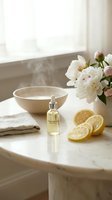 Spa wellness setup with steaming bowl, citrus aromatherapy oil, fresh lemon slices, white peonies, and soft linens on marble table by bright window for relaxation and self-care.