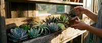 Hands carefully tending to colorful succulent plants in rustic wooden planter box during golden hour gardening session for home decoration and plant care.