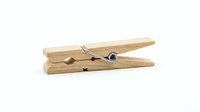 Wooden clothespin with metal spring mechanism isolated on white background, ready for laundry, crafts, and design projects.