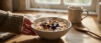Cozy morning breakfast scene with person in warm sweater holding bowl of oatmeal topped with berries and nuts, mug and spoon on wooden table by window with natural sunlight.