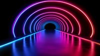 Futuristic neon tunnel with glowing arches reflecting on glossy floor. Vibrant red, blue and purple light rings create perspective depth in dark space.
