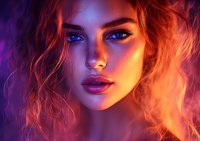 Young woman with glowing skin in vibrant neon lighting, dramatic purple and orange color contrast illuminates face with intense blue eyes and parted lips.