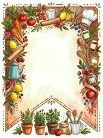 Watercolor cooking frame with vegetables, spices, kitchen tools, chef hat, herbs in pots, and blank center space for recipe text or menu design.