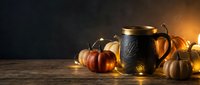 Decorative black cauldron with golden rim surrounded by autumn pumpkins and warm string lights on wooden surface, perfect for fall seasonal designs and Halloween themed projects.