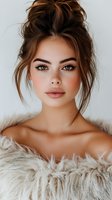Young woman with natural freckles and messy bun hairstyle wearing faux fur wrap, showcasing fresh natural makeup and glowing skin against white background.