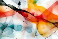 Abstract fluid art in vibrant orange, teal, and black flowing colors on white background. Dynamic ink movement creates ethereal watercolor effect for modern wall decor.