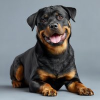 Smiling Rottweiler dog portrait on gray background, showing friendly expression with tongue out, displaying classic black and tan markings.