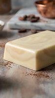 Handmade cream soap bar with natural swirl pattern displayed on rustic surface with coffee beans and copper bowl, suitable for spa, wellness, and beauty product marketing.