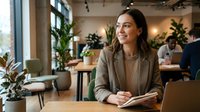 Young woman with dark hair and olive complexion, wearing a beige blazer, sits at a wooden desk in a modern office with plants, holding a notebook, smiling while looking away thoughtfully during work.