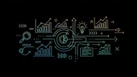 Business analytics dashboard with growth charts, lightbulb innovation symbol and data visualization elements on dark background for presentations.