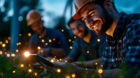 Young bearded construction worker in hardhat smiling while using digital tablet at dusk, with coworkers and bokeh lights creating atmospheric evening ambiance.