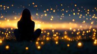 Woman silhouette sitting peacefully in field surrounded by magical glowing lights at sunset creating dreamy bokeh effect for meditation and wellness concepts.
