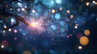 Magical sparkles and light particles floating in dark blue space with glowing bokeh effect and bright flash creating dreamy atmospheric background.