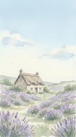 Watercolor painting of charming thatched roof cottage surrounded by blooming lavender fields in peaceful countryside landscape with soft pastel colors.