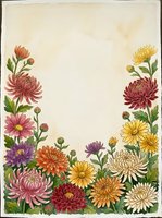 Vintage watercolor chrysanthemum border frame with colorful autumn flowers on aged paper background for greeting cards and invitations.