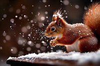 Red squirrel in winter snow with fluffy tail and bright fur, sitting on dark surface while snowflakes fall around creating magical seasonal atmosphere.