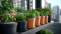 Urban balcony garden with terracotta and black planters filled with fresh herbs and edible plants against city skyline backdrop, modern sustainable living concept.