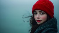 Young woman with bright red lipstick wearing red beanie and dark scarf against moody teal background. Wind blows dark hair creating atmospheric winter portrait.