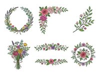 Floral wreaths, bouquets and branch arrangements with roses, lavender and greenery elements isolated on white background for wedding invitations and design projects.