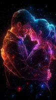 Glowing neon couple in tender embrace against starry background, illuminated silhouettes in vibrant orange, pink and blue colors create romantic cosmic atmosphere.