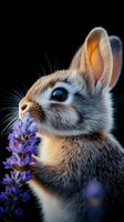 Cute rabbit with gray and white fur sniffing purple flowers against dark background. Young bunny with blue eyes and translucent ears. Perfect for children's books, greeting cards, and wildlife designs.