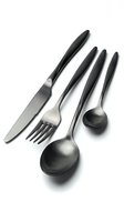 Matte black stainless steel cutlery set with fork, knife, and two spoons on white background, modern elegant tableware for dining.