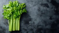 Fresh green celery stalks with leaves arranged on dark textured background with copy space, raw organic vegetables for healthy eating and cooking.