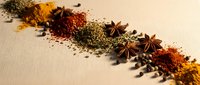Colorful spices and herbs scattered on neutral background with star anise, turmeric, paprika creating aromatic culinary composition for cooking recipes.