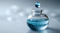 Elegant glass bottle with turquoise blue liquid and floating bubbles against soft bokeh background, creating serene atmosphere for spa or cosmetic product.