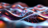 Abstract wave of glowing particles creating dynamic flowing motion with blue, orange and purple light effects on dark background, modern digital art.
