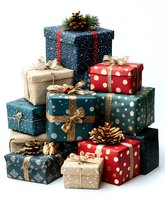 Festive Christmas gift boxes stack with colorful wrapping paper, golden ribbons, bows and pine cones isolated on white background for holiday celebrations.