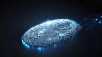 Digital fingerprint glowing in blue neon light with particles effect on dark background, modern biometric security technology concept.