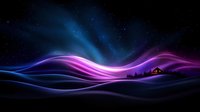 Aurora borealis northern lights over snowy landscape with small house. Colorful purple pink blue waves dancing across starry night sky creating magical winter scene.