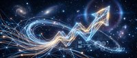 Glowing arrow trajectory with light trails ascending through cosmic space with stars and galaxies, representing growth, success and upward movement in business.