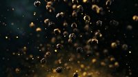 Floating dark spheres with golden glowing particles against black background create mysterious cosmic atmosphere, suitable for abstract design projects.
