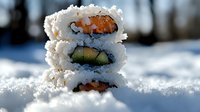 Fresh sushi rolls with salmon and cucumber stacked in natural snow, creating artistic winter food composition with Japanese cuisine elements.