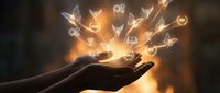 Open hands releasing glowing butterflies with warm light rays creating magical transformation and freedom concept for spiritual growth and liberation.