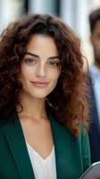 Professional young woman with curly brown hair in green blazer smiling confidently in modern office environment for business and career concepts.