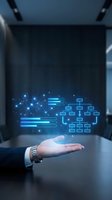 Businessman holding glowing digital network diagram with connected nodes and organizational flowchart, representing data management and business intelligence solutions.