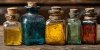 Collection of vintage glass bottles with cork stoppers containing colorful liquids and powders on rustic wooden surface for apothecary and alchemy themes.