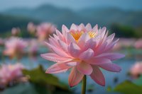Pink water lily bloom with delicate petals and golden center against blurred pond background, dewdrops glistening on soft petals in morning light.