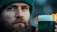 Bearded man in green knit hat holding glass of green beer with foam head against blurred bokeh background. St Patrick's Day celebration concept.