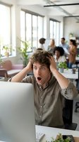 Stressed young man with curly brown hair and Caucasian ethnicity wearing beige button-up shirt, hands on head in shocked expression while working at computer in bright office with colleagues in background.